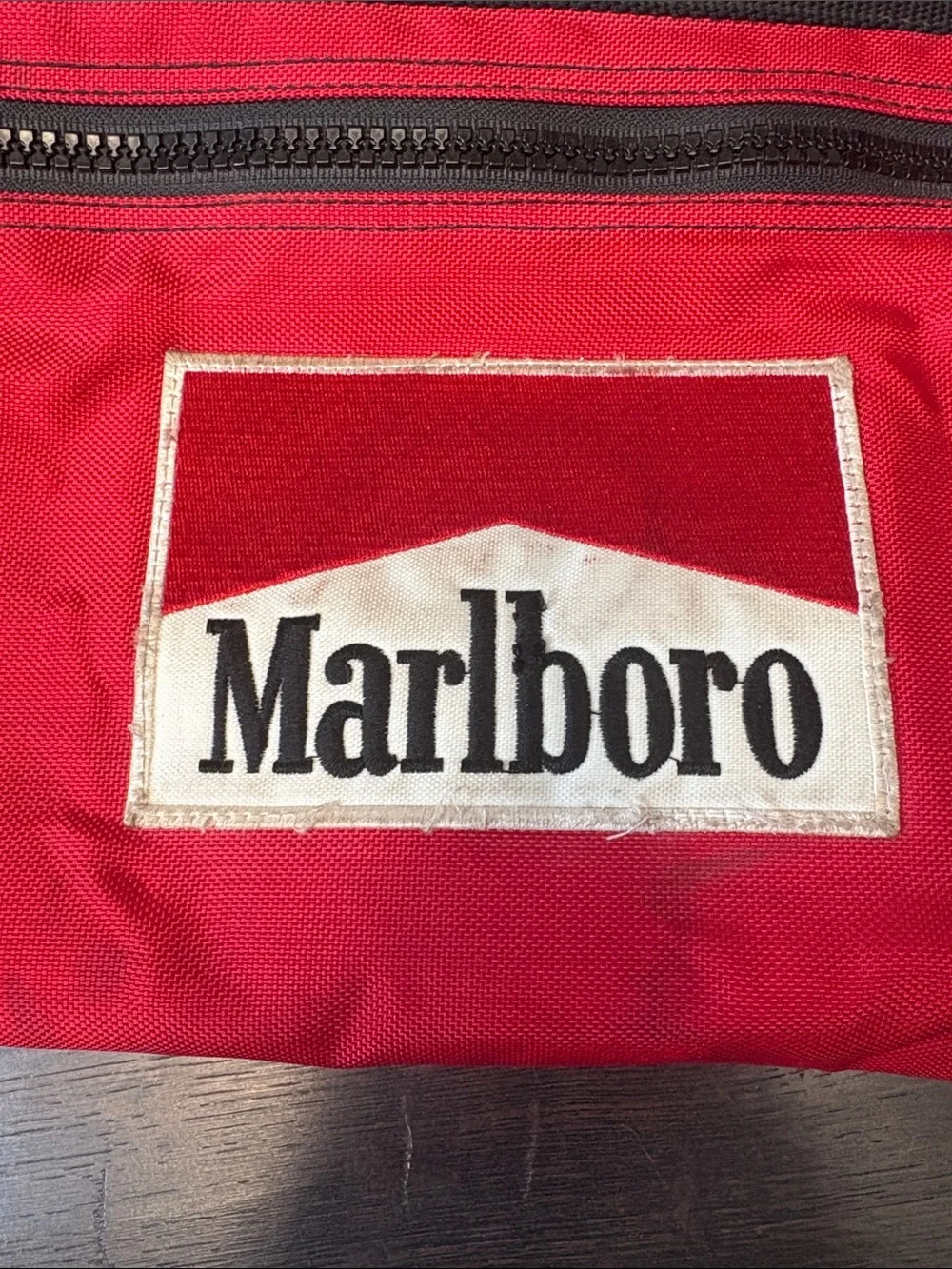 MARLBORO Vintage Red and Black Canvas Wheeled Duffel Bag with Logo Strap